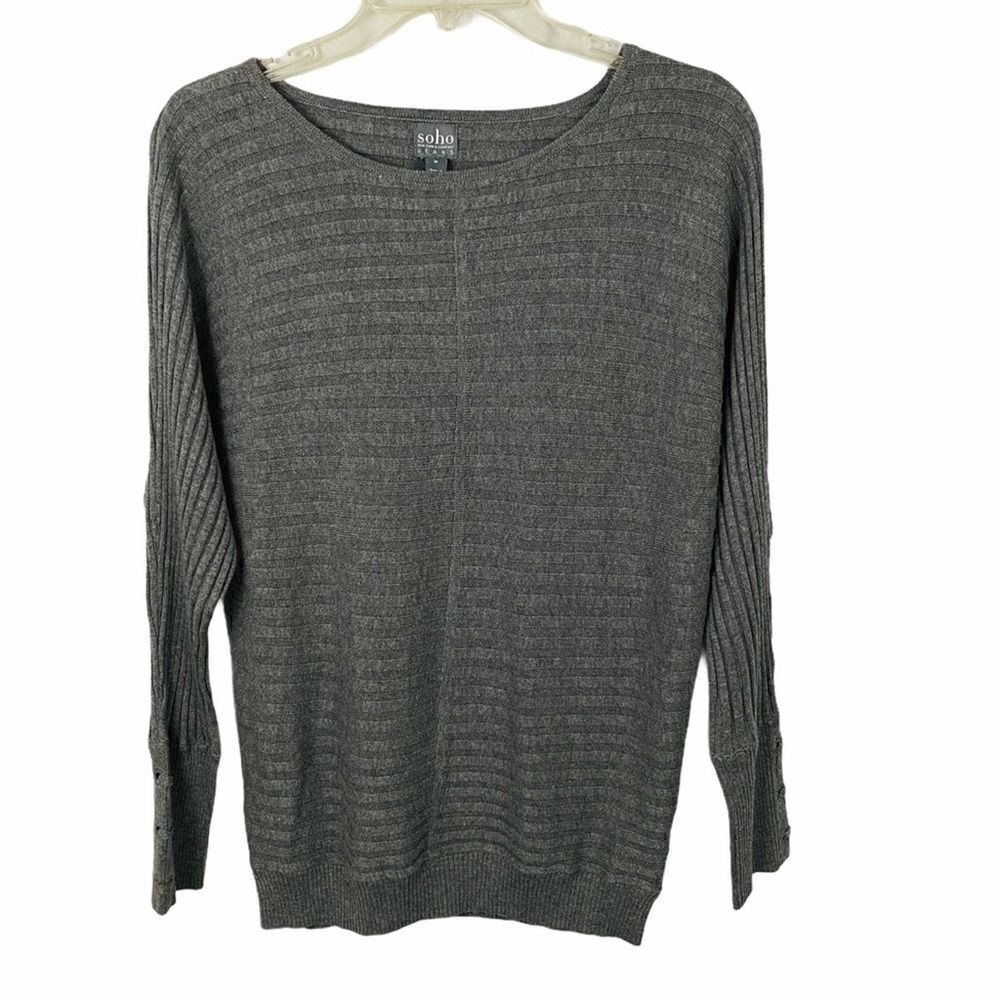 Soho Grey Crew Neck Ribbed Sweater With Laced Sleeves Size Medium